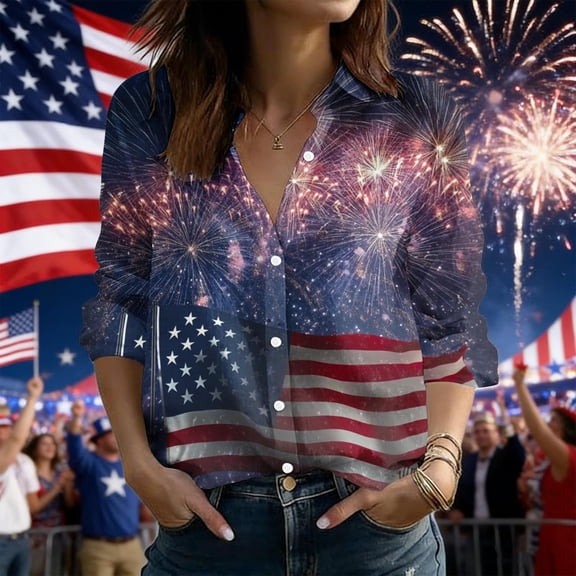 Xdegoge 4Th Of July Shirts Women Stand Collar Button Down Henley American Flag Patriotic Blouses Casual Independence Day Soft Comfy Shirt