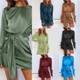 thumbnail image 5 of Womens Fall Long Sleeve Round Neck Dress Solid Color Ruched Wrap Tie Waist Slim Fit Cocktail Party Dresses, 5 of 9