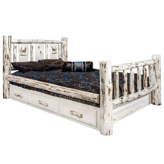 Montana Collection King Storage Bed w/ Laser Engraved Elk Design, Clear Lacquer Finish