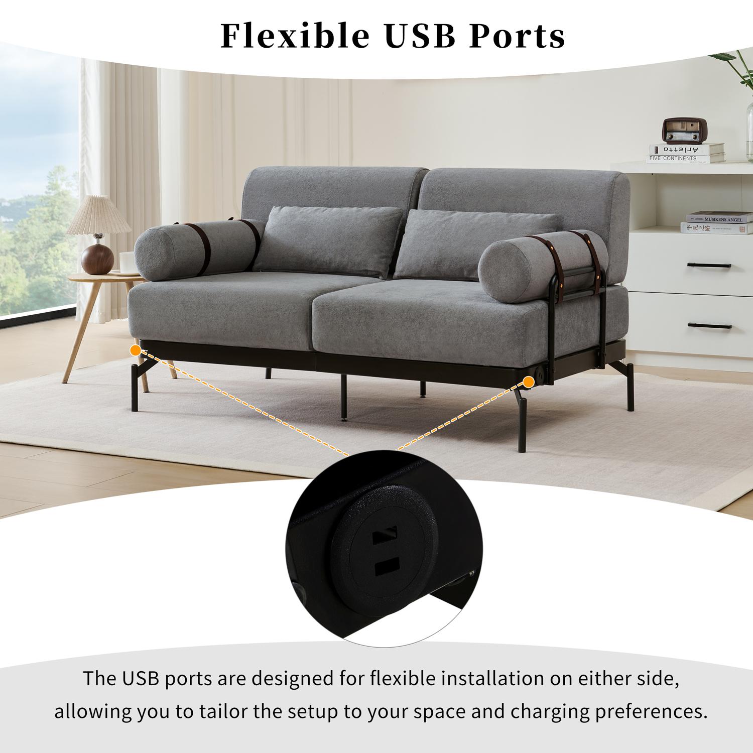 59" Loveseat Sofa with USB Ports,Modern Sofa Couch 2-Seater Sofa with 2 Pillows,Cylindrical Armrests for Living Room Bedroom Apartment,Grey