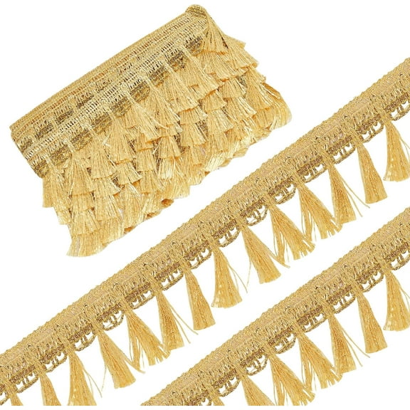 6 Yards Gold Fringe Tassel Trim 2.13” Polyester Fibre Fringe Lace Trim Ribbon Knitting Tassel Metallic Edging Chainette Trimming for DIY