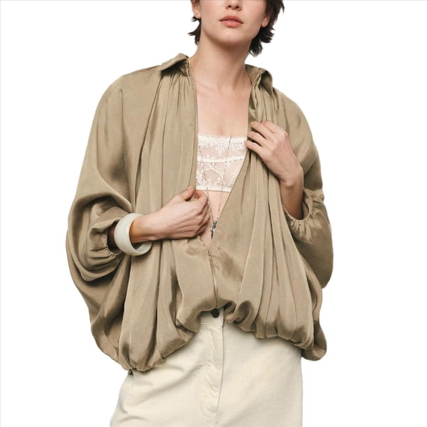Chaqueta Abullonada para Mujer, Casual, con Mangas de Murciélago, Cuello Solapa, Cremallera, Chaquetas Urbanas Plisadas de Gran Tamaño Caqui L