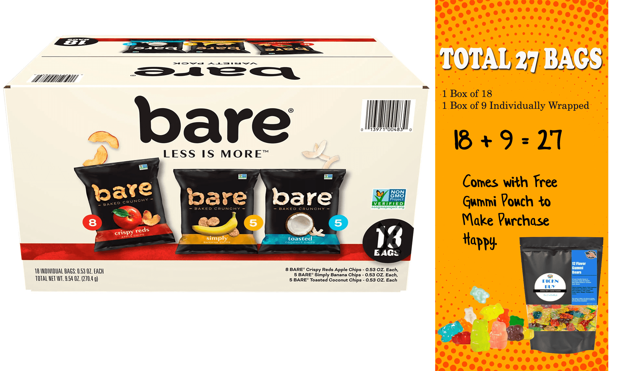 Bare Baked Crunchy Fruit Snack Pack, Variety Pack, 0.53 oz. 18 pk.