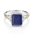 thumbnail image 2 of Gem Stone King 925 Silver and 10K Yellow Gold Blue Lapis and White Moissanite and Diamond Engagement Ring for Women (3.34 Cttw, Emerald Cut 10X8MM, Trillion 3.5MM, Size 7), 2 of 3
