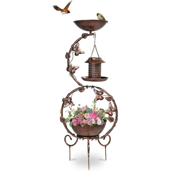 VINGLI Bird Bath with Bird Bowl, Solar Bird Bath for Outside with Flower Planter Pedestal,Bird Feeder with Solar lamp for Garden Yard Lawn Decor