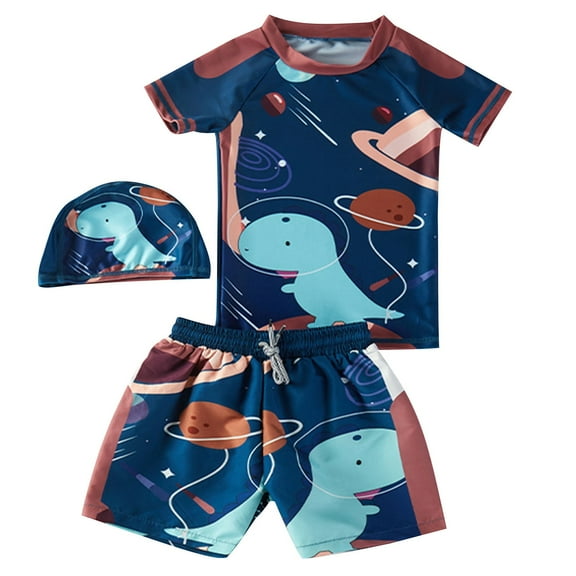Odeerbi 3-11 Years Kids Boys Two Pieces Athletic Training Swimsuit with Swim Cap Set Summer Beach Surfing Swimsuit Cute Dinosaur Beachwear Split Swimwear Swim Trunks Bathing Suit Set