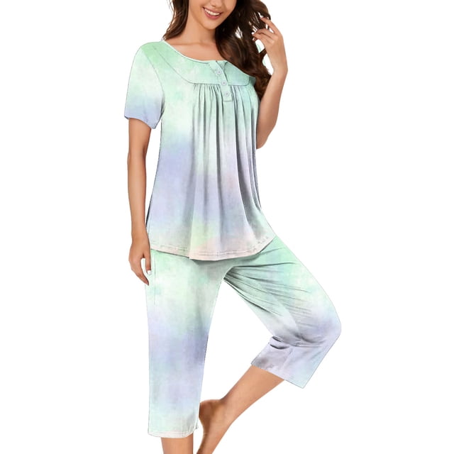 Pisexur Ensembles de Pyjama pour Femmes, Mode, Chemises de Nuit à Imprimé Floral pour Femmes, Ensemble de Détente 2 Pcs, Été, Décontracté, Col Rond, Blouses Plissées Boutonnées, Hauts avec Pantalons Longueur sous le Genou avec Poches