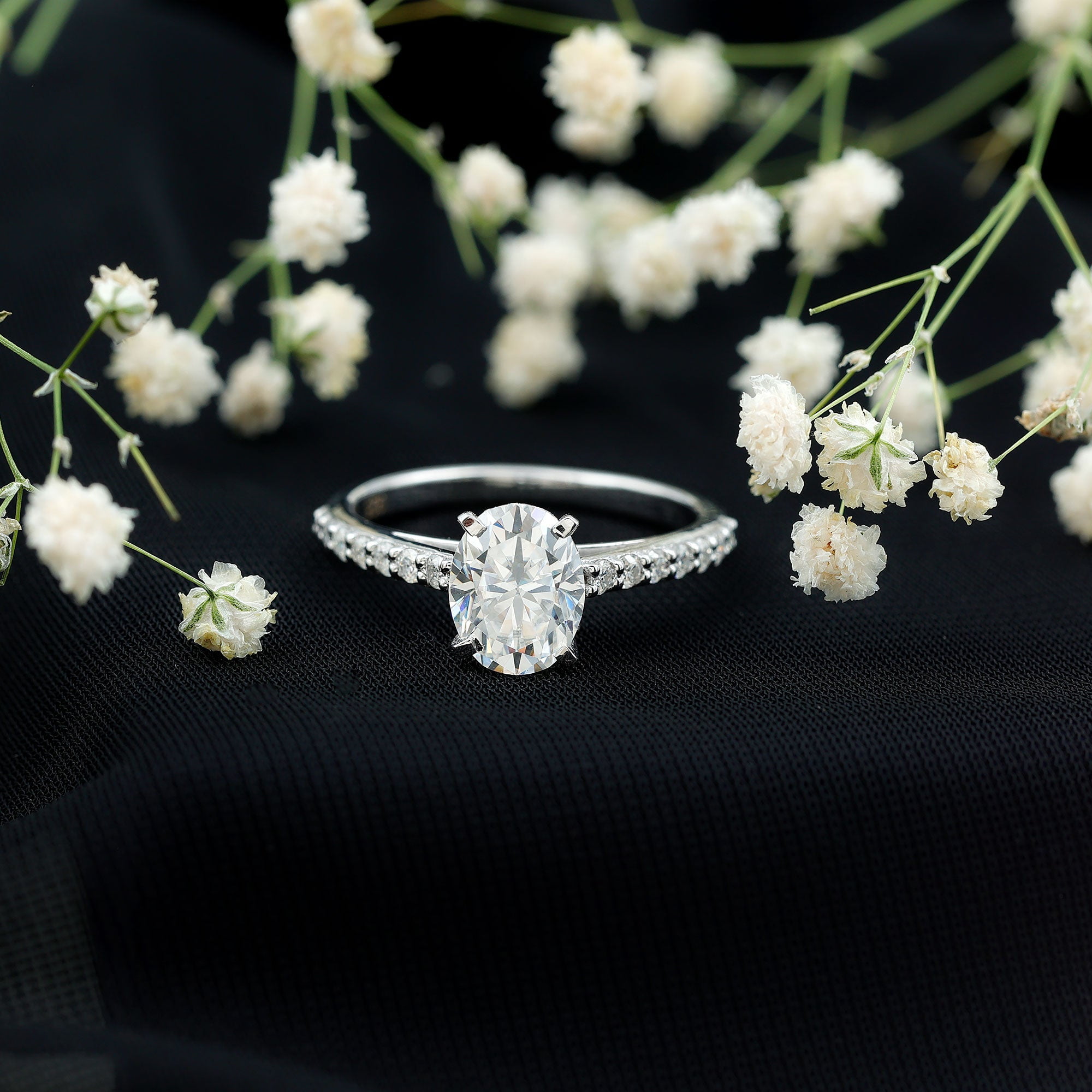 925 Sterling Silver 1.4 Ctw Oval 7.00x5.00mm Moissanite Solitaire With Accents Engagement Wedding Ring for Women