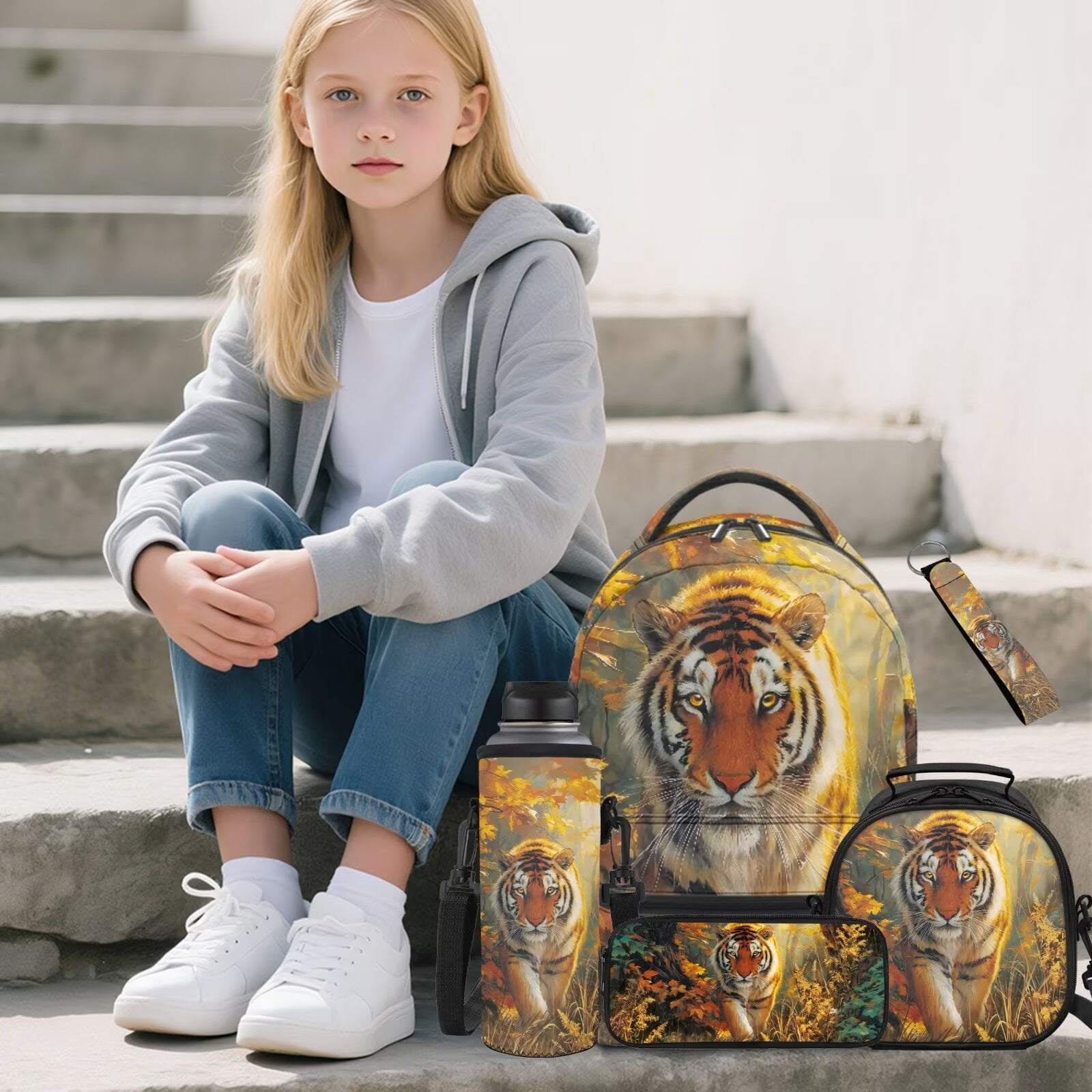 Pzuqiu Tiger Print Cute Back Pack Backpacks for Boys with Lunch Box Water Bottle Bag School Backpack for Boys 5 Pcs Rucksack Travel Bag for Kids