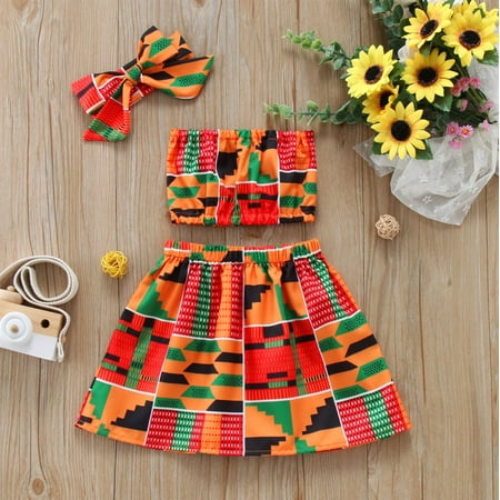 

Toddler Kids Baby Girls Summer Clothes African Style Vest Tops Dashiki Skirts Headband Ankara Outfits Set