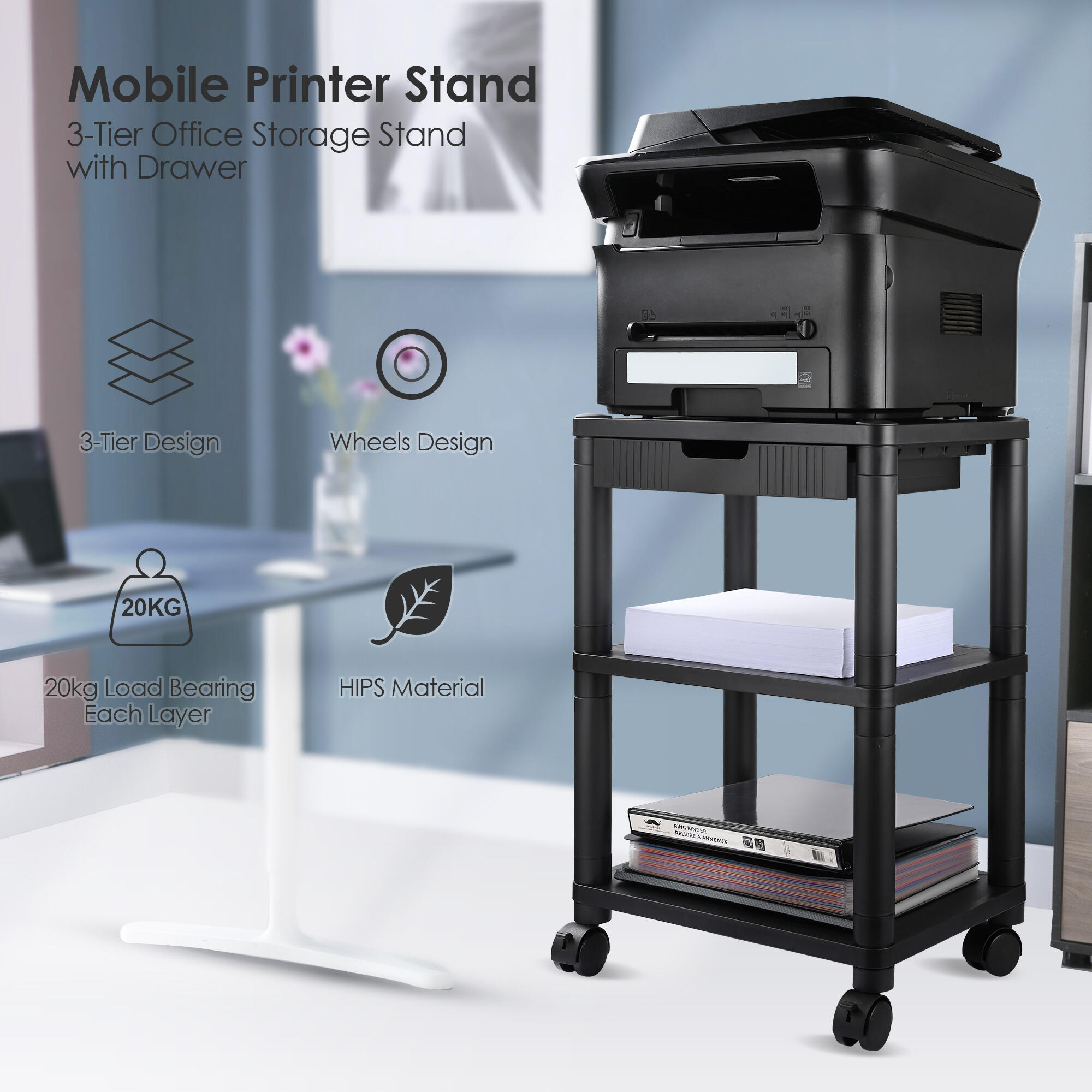 Mobile Printer Stand, Tier Printer Cart Printer Table Rack with Storage  shelf