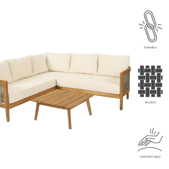 GDF Studio The Crowne Collection Outdoor Acacia Wood and Round Wicker 5 Seater Sectional Sofa Chat Set with Cushions, Teak, Mixed Brown, and Beige