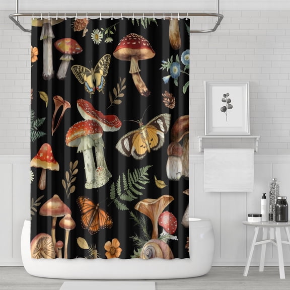 Vintage Mushroom Waterproof Shower Curtain, Machine Washable Fabric with Hooks, Boho Woodland Mushroom and Whimsical Mushroom Bathroom Shower Curtain