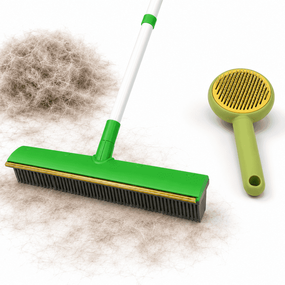 WHS Pet Hair Carpet Rake, 60 in Long Handle Rubber Broom with Rounded Metal Edge
