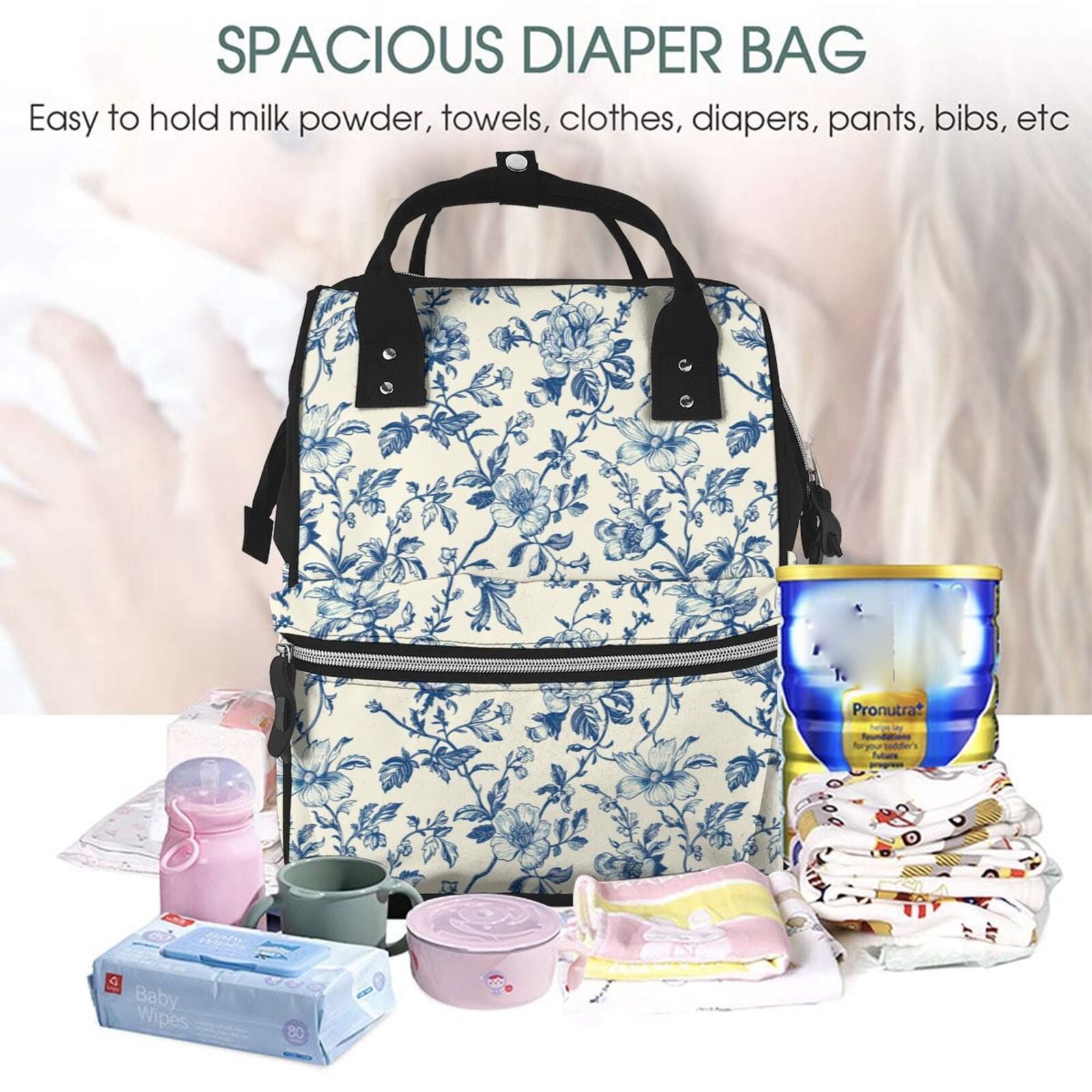 Ratiio Vintage Blue Floral Mummy Backpack - Waterproof Twill Canvas, Large Capacity Diaper Bag with Multiple Pockets and Adjustable Straps