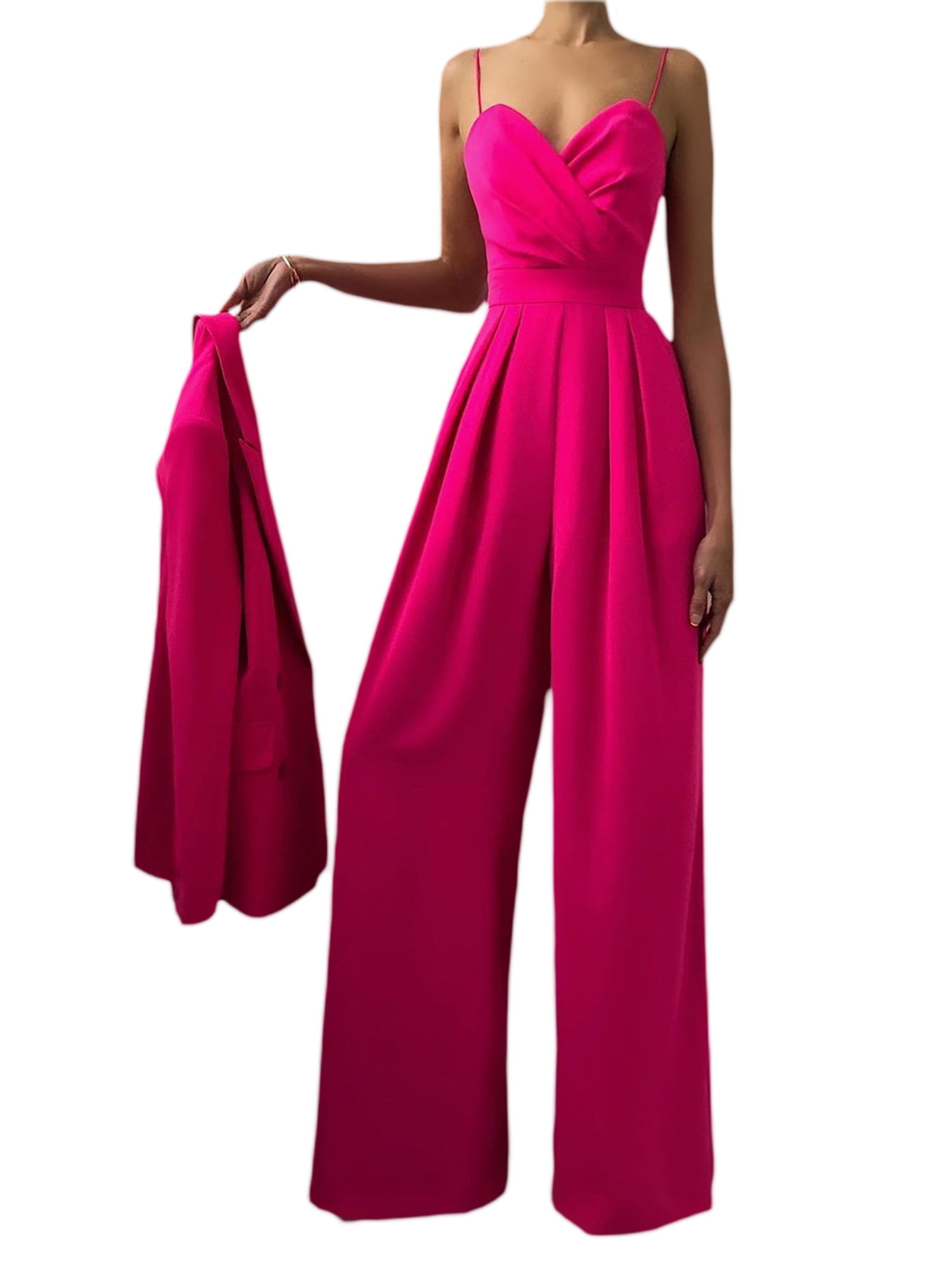 Peyakidsaa Womens Summer V Neck Party Jumpsuit Wide Leg Pleated Rompers ...