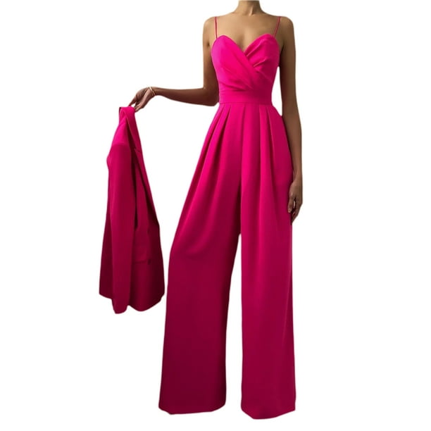 Mono sin mangas para mujer VISgogo con decoración plisada, ropa de verano de color sólido con pierna ancha y cintura alta VISgogo moda