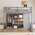 thumbnail image 2 of Full Size Wood Loft Bed with Wardrobe, Solid Wood Loft Bed Frame with Storage Shelves and Cabinet, Space Saving Design, for Bedroom, Dorm, Pink+Grey, 2 of 9