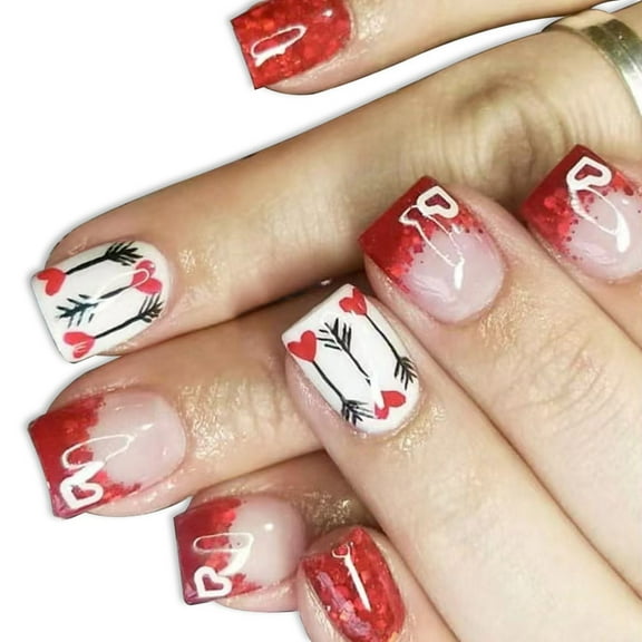 Valentine Press on Nail Square Fake Nail Glossy Design False Nail Full Cover Artificial Acrylic Nail 24pcs 12Sizes