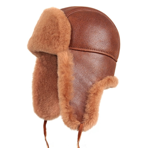 Zavelio Unisex Shearling Sheepskin Aviator Trapper Russian Fur Hat