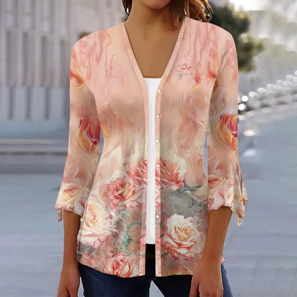 Xuyuer 3/4 Length Sleeve Womens Tops Round Neck Casual Summer Tunic Tops Basic Tees Blouses Cardigan Lightweight Button Down Casual Dressy T-Shirts Pleated Cute Shirts