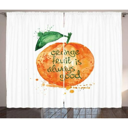 Good Life 2 Light - Fruit Curtains 2 Panels Set, Watercolor Style Brush Strokes Orange is Always Good Quote Healthy Life Design, Window Drapes for Living Room Bedroom, 108W X 90L Inches, Green and Orange, by Ambesonne