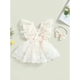 thumbnail image 5 of Infant Baby Girls Romper Dress Lace Flower Fly Sleeve Square Neck Bowknot Bodysuits Summer Jumpsuits with Headband, 5 of 9