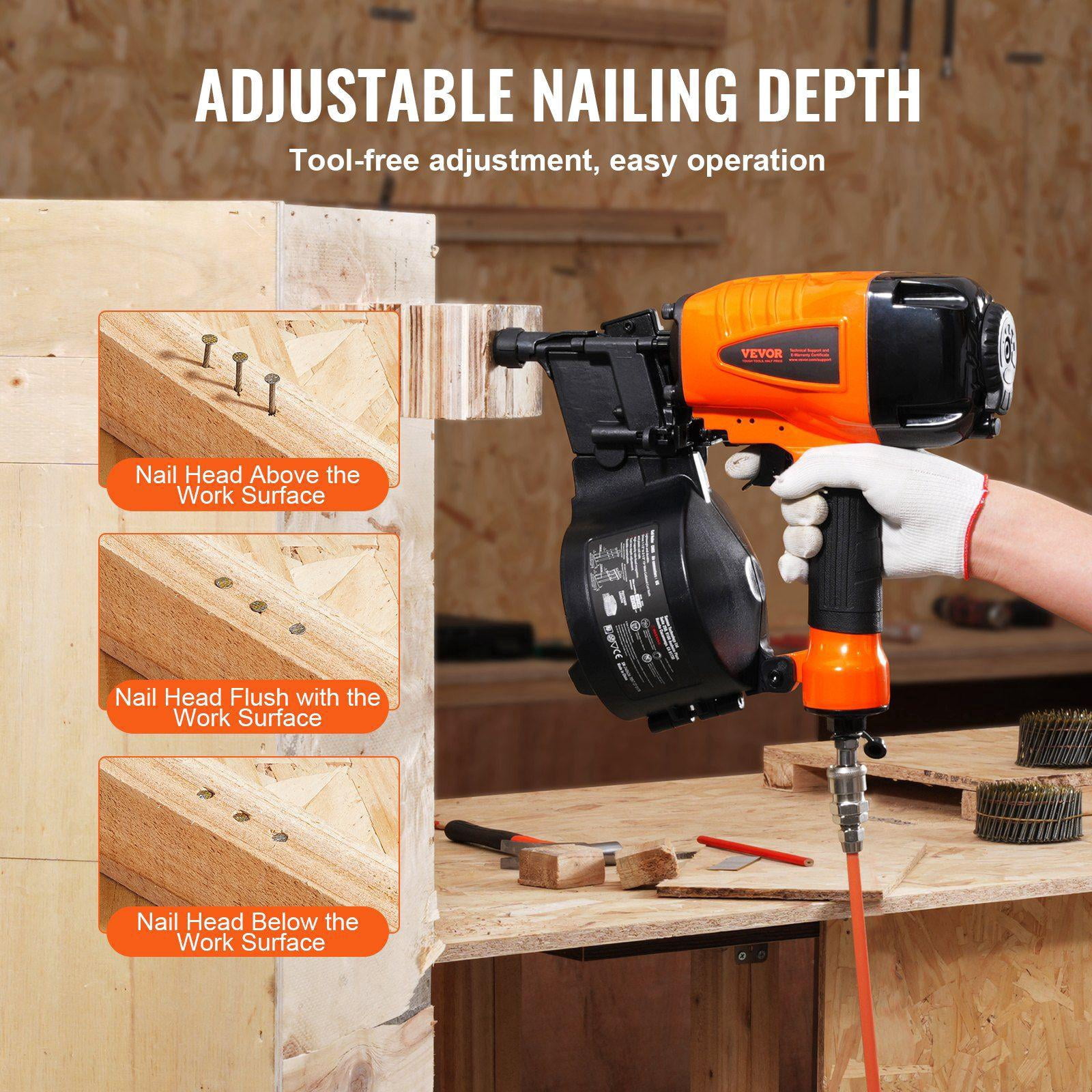 Coil Siding Nailer CN65 15 Degree Pneumatic Nail Gun 1.25 to 2.5 Inch Tool Less Depth Adjustment 70 120 PSI for Siding Pallet Sheathing Wood Fencing Decking