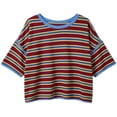 thumbnail image 3 of Womens Oversized Striped T-Shirts Summer Casual Color Block Short Sleeve Tops Y2K Drop Shoulder Workout Tops(Red,L), 3 of 3