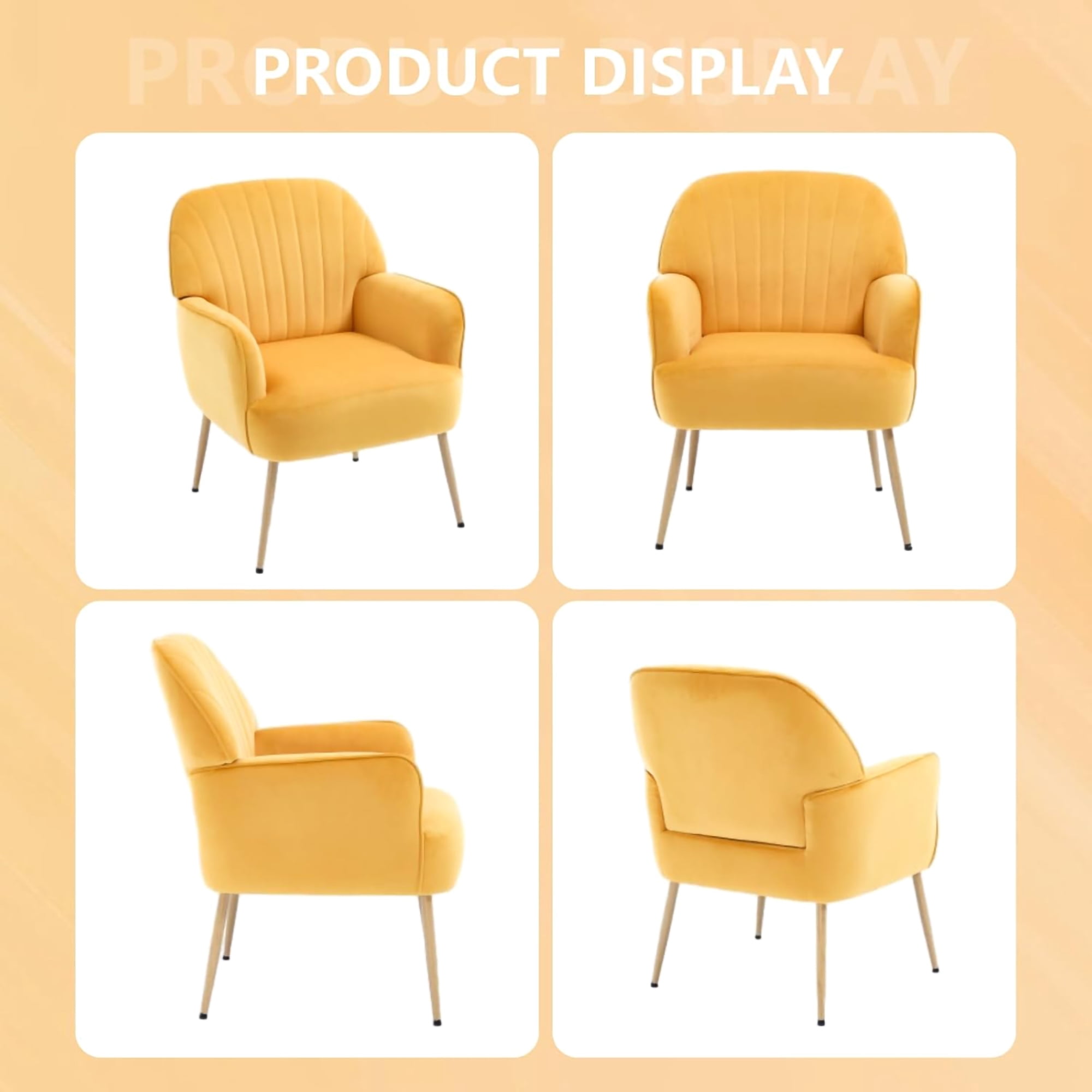 Mintazer Velvet Accent Chair with Shell-Shaped Backrest, Modern Upholstered Armchair with Metal Legs for Living Room & Bedroom, Yellow