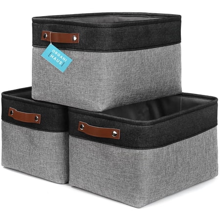 OrganiHaus Large Fabric Storage Baskets for Shelves 3 Pack | 15x11in Closet Storage Bins for Shelves | Cloth Baskets for Organizing | Linen Closet Organizers | Fabric Basket - Gray/Black