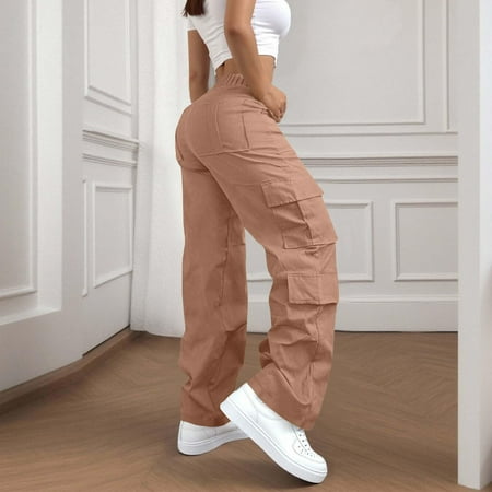 Plus Size Cargo Pants for Women High Waisted Elastic Waist Hiking Pants Baggy Stretchy Wide Leg Streetwear Trousers for Outdoor Work and Daily Wear Rose Gold XXL