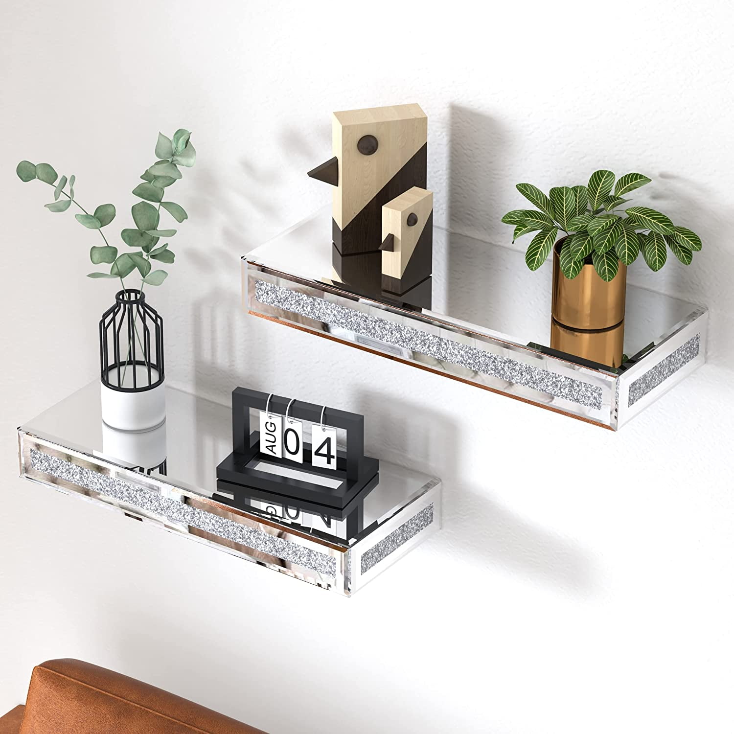 SHYFOY 15"x5.9" Glitter Glass Mirrored Floating Shelves (Set of 2)