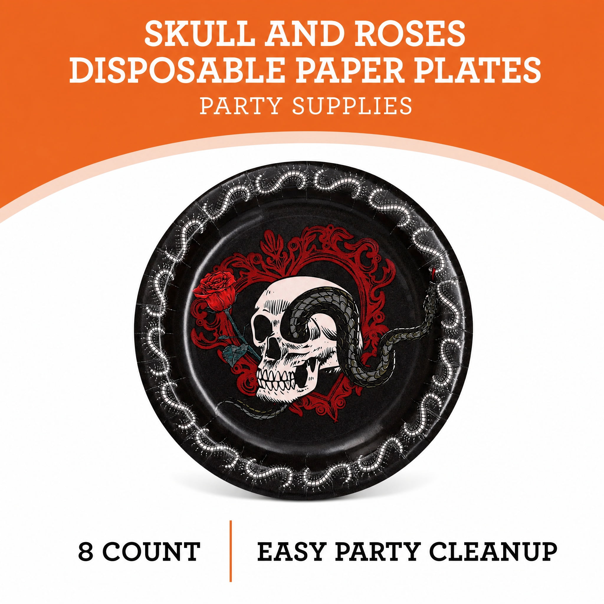 Skull and Roses Disposable Paper Plates, Multicolor, 8.5", 8 Count, Halloween by Way To Celebrate