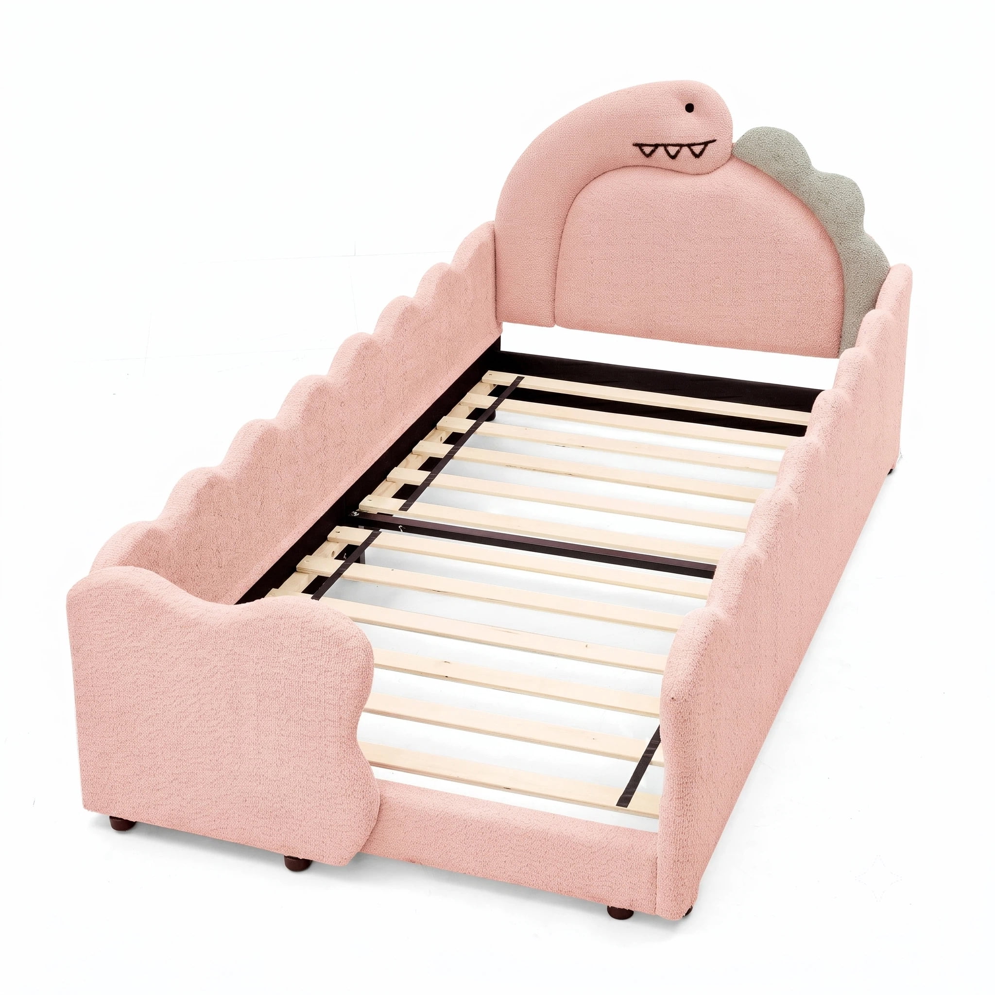 AISWORD Twin Size Kids Bed with Dinosaur Headboard, Upholstered Daybed with Slats Support & Side Pocket, Space-Saving Wooden Corner Sofa Bed, Pink