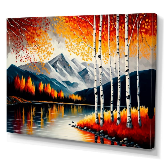 Designart Red And Orange Birch Trees By The Lake III Canvas Wall Art
