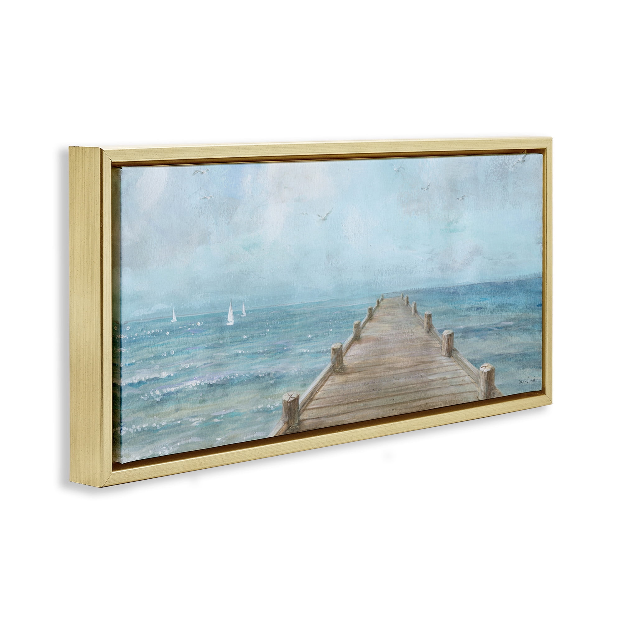 Stupell Industries Waterfront Pier Coastal Ocean View Nature Painting Gold Floater Framed Canvas Art Print Wall Art, 31 x 14