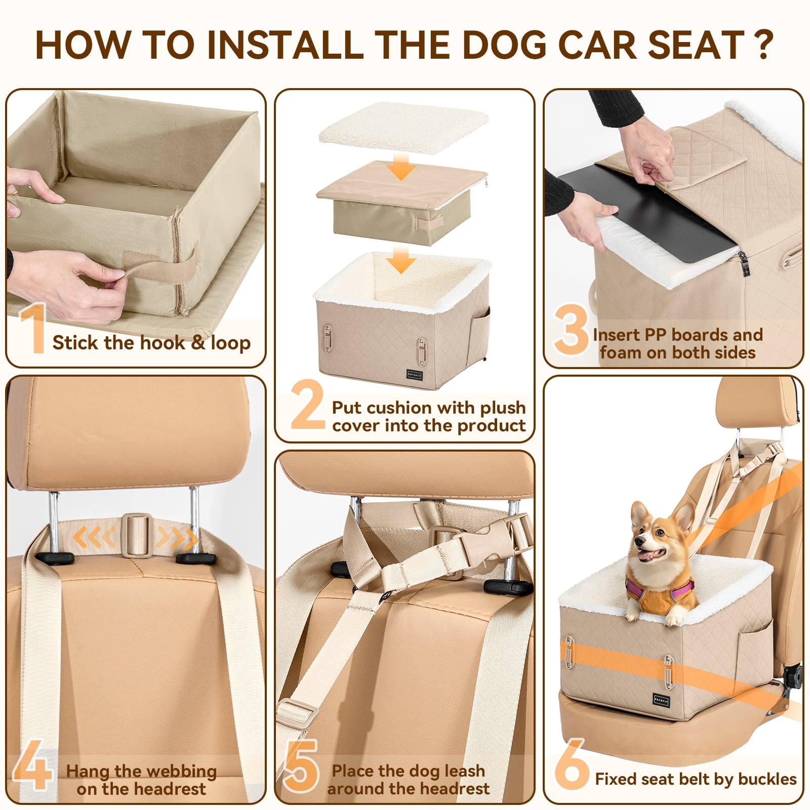 PETSFIT Small Dog Booster Car Seat, Patented Safety Buckles, Detachable Clip-On Safety Leash,Under 30 LBS (Khaki)