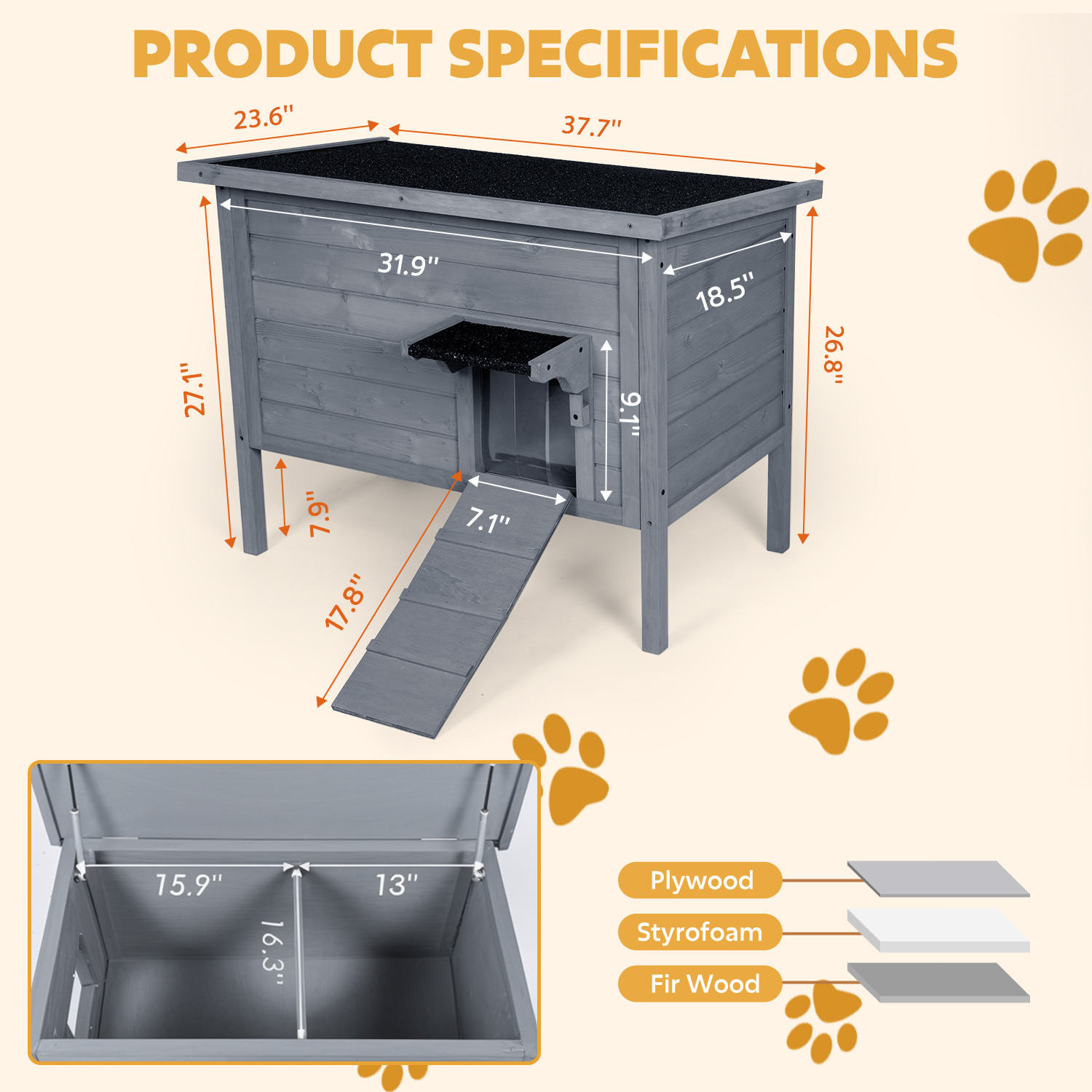 Hidpriva Insulated Wooden Outdoor Cat House, Weather-Resistant Feral Cat Shelter for Winter w/ Foldable Ladder & Visible Window, Gray