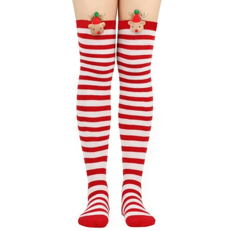 

Women Striped Over Knee Socks Thigh High Stockings Cute Cartoon Elk Long Over Knee High Socks for Christmas Daily Wear