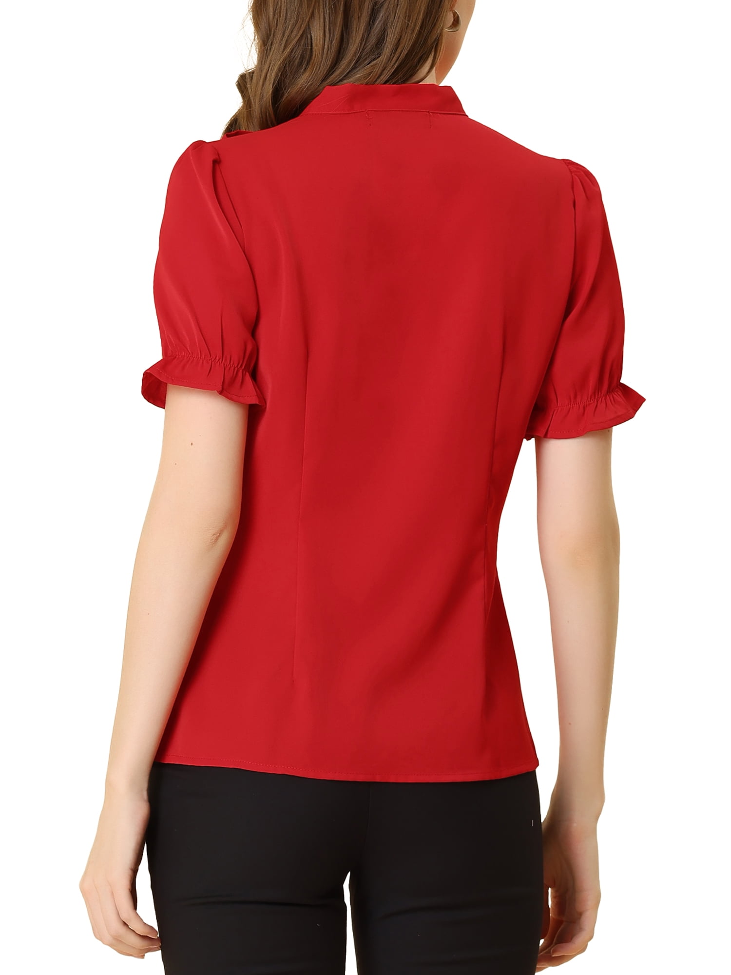 Unique Bargains Women's Bow Tie Neck Office Elegant Short Sleeve Blouse Top M Red