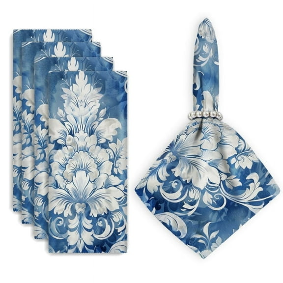 Bahomeck Napkins Set Of 4 Reusable Washable Square Fabric Dining Table Napkins Weddings Party Dinner Decor,18*18 Inch,Watercolor Damask Pattern In Blue And White Colors