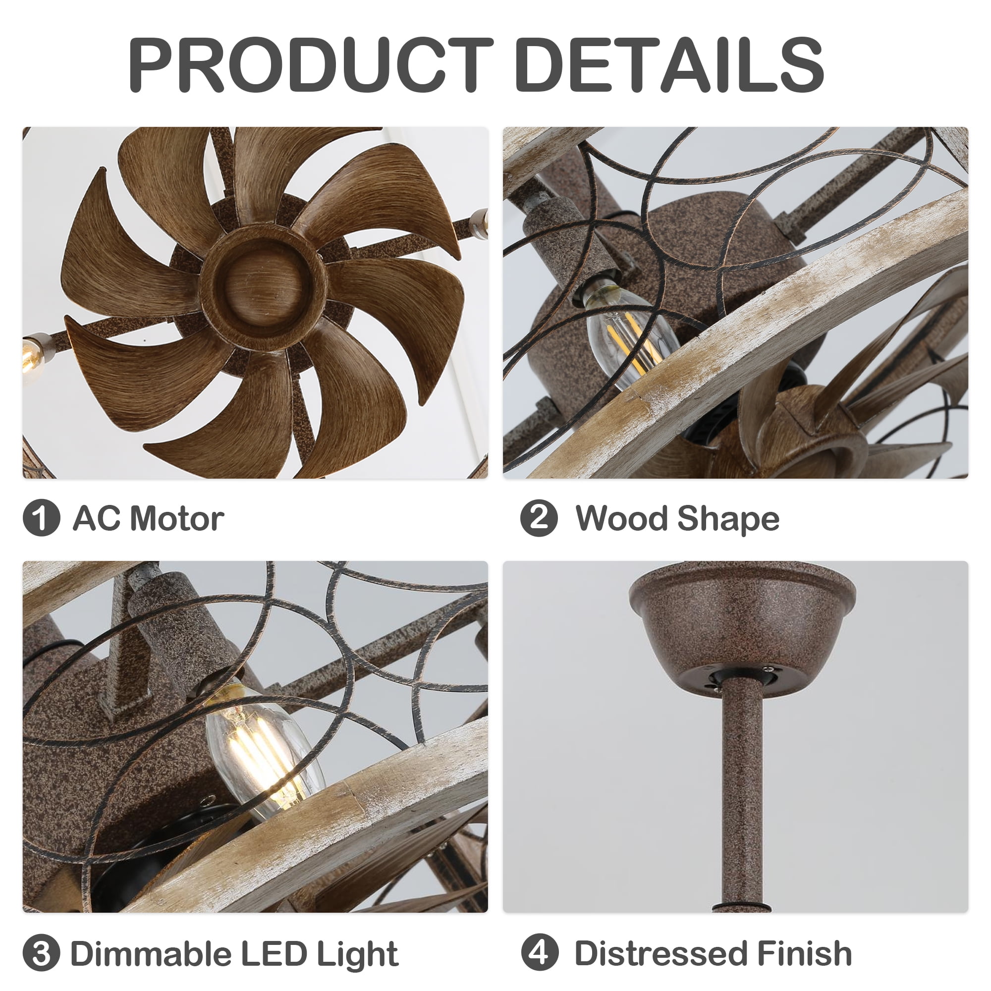Chords Attic 20" Rustic Caged Ceiling Fan with Light and Remote Control, 4-Light Farmhouse Wood Finish Ceiling Fan Fixture for Bedroom, Living Room