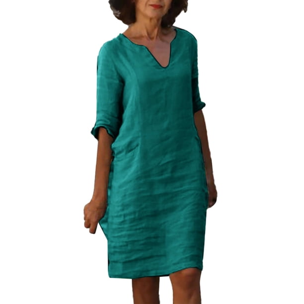 Vestido mini de algodón y lino con cuello en V y manga corta para mujer: vestido informal de color liso para vacaciones y ocasiones semiformales, ideal para primavera/verano.