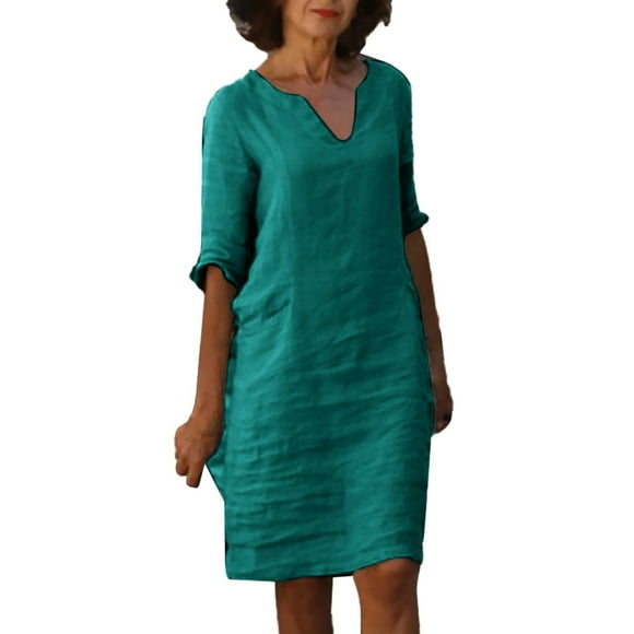 Women's Cotton Linen V-Neck Short Sleeve Mini Dress - Casual Holiday Semi-Casual Solid Color Pullover Dress for Spring/Summer