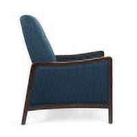 Noble House Roski Navy Blue Upholstered Recliner with Dark Walnut Frame