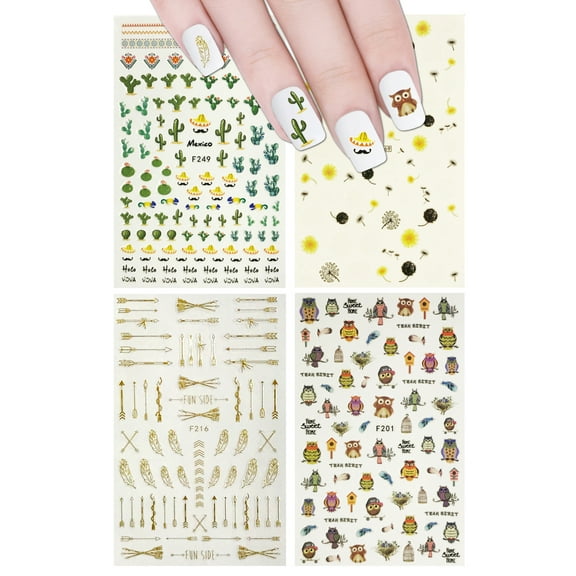 ALLYDREW 4 Sheets Nail Stickers Nail Art Nail Decal Set - Owls & Cactus Nail Stickers