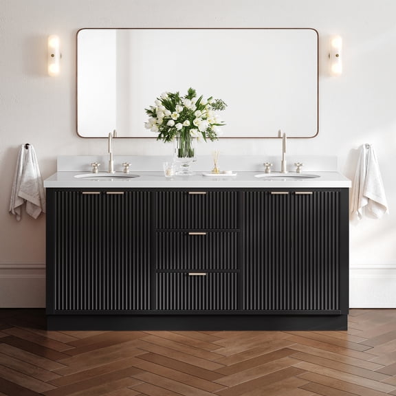 ARIEL Milan 73 Inch Double Oval Sink Bathroom Vanity with Pure White Quartz Countertop 1.5 Inch in Black
