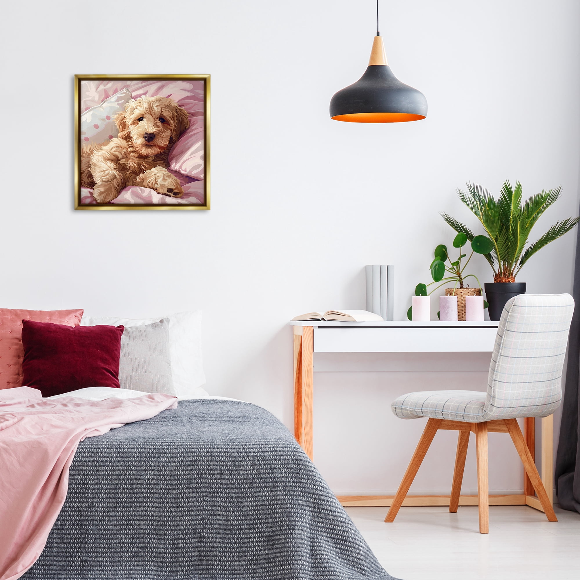 Stupell Industries Sleepy Labradoodle in Bed Animals Painting Gold Floater Framed Canvas Art Print Wall Art, 25 x 25