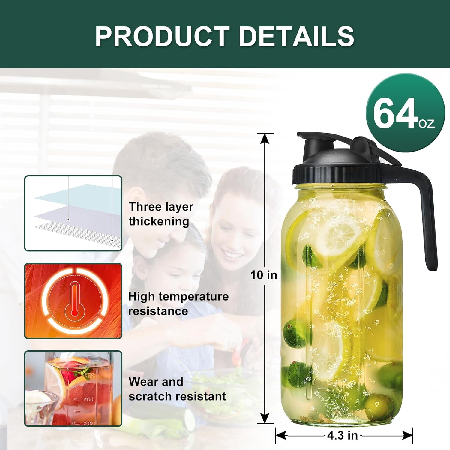 SUMMIT Glass Mason Jars Pitcher 64 Oz Pour Spout Lids & Handle (2 Pack) Wide Mouth Airtight Leak Proof Fridge Breast Milk Pitcher With Top Flip Cap 2 Quart Water Jug For Cold Brew Coffee, Iced Tea,